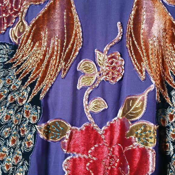 Embroidered Peacock Velvet Kimono Jacket with Beaded Fringe Hem - Picture 4 of 7